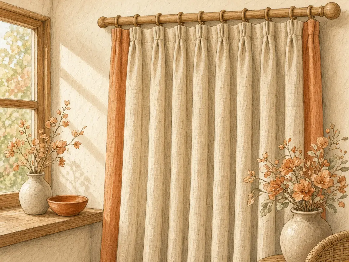 Illustration of cream pinch-pleat curtains on a wooden rod beside a window