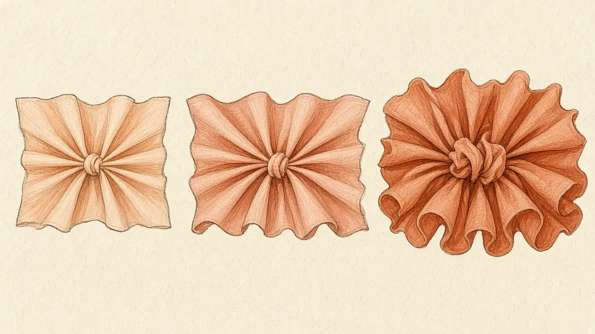 Illustration of three fabric rosettes gathered from light to very full