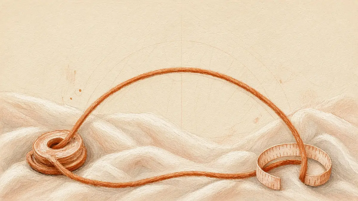 Illustration of a flared skirt on a dress form beside a measuring stick