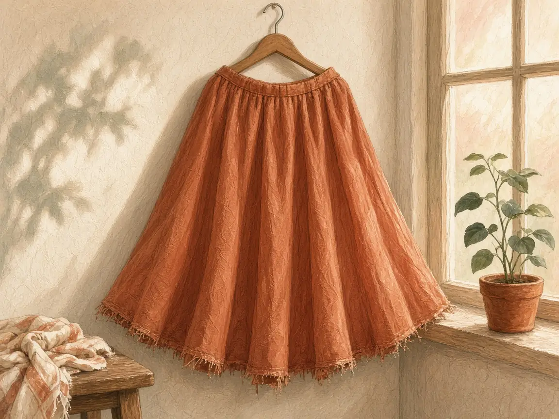 Illustration of a coral circle skirt hanging on a wooden hanger by a sunny window