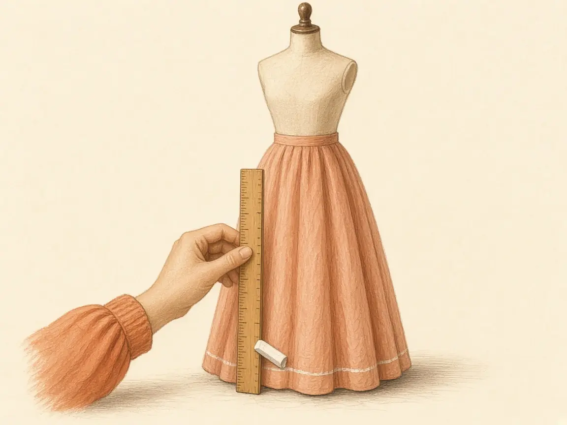 Illustration of a hand marking a skirt hem with chalk beside a yardstick on a dress form