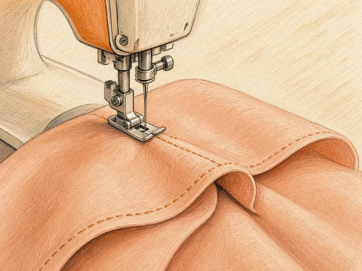 Illustration of a sewing machine foot topstitching a narrow turned hem on coral fabric