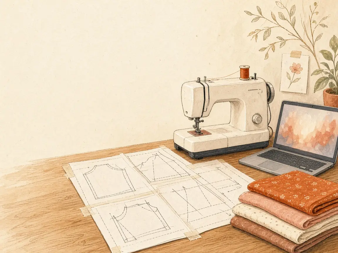 Illustration of a sewing table with a sewing machine, pattern drafts and folded fabric