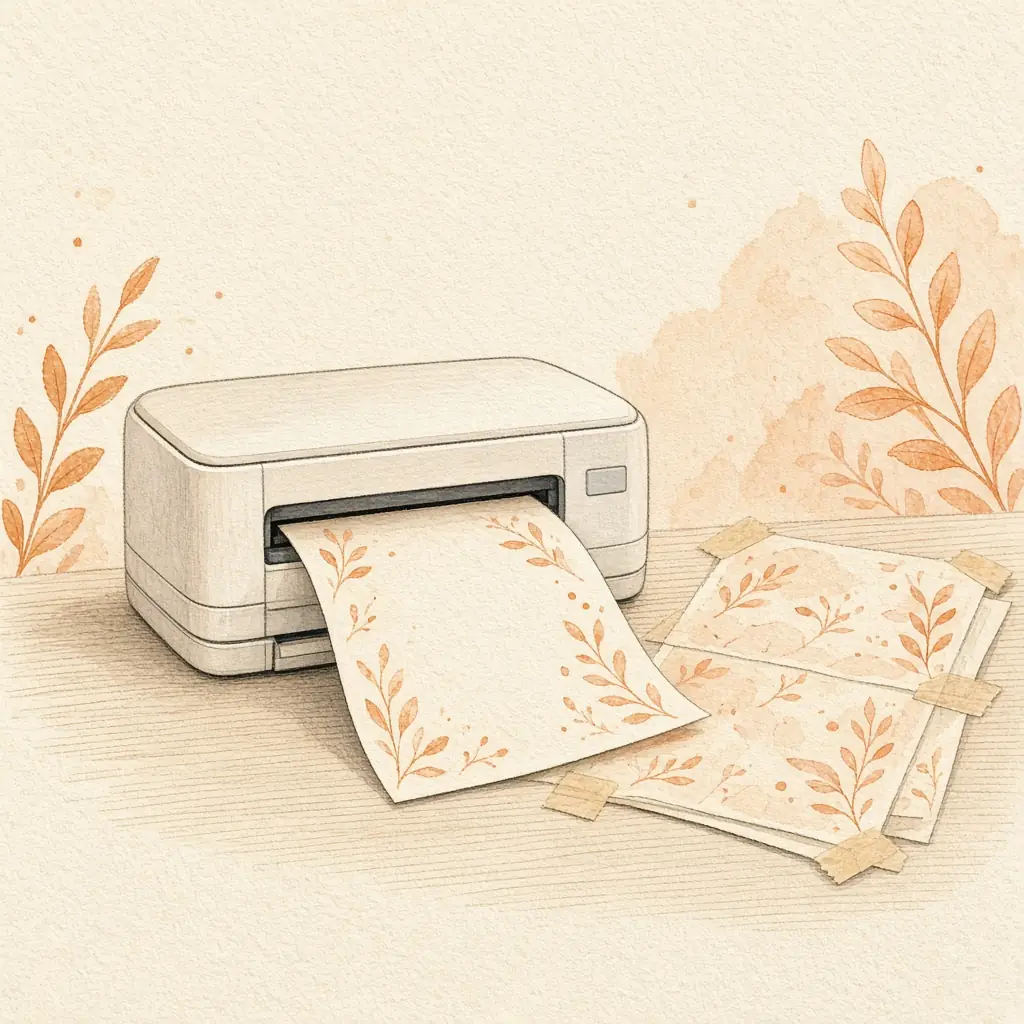 Illustration of a printer printing pattern pages that are taped together