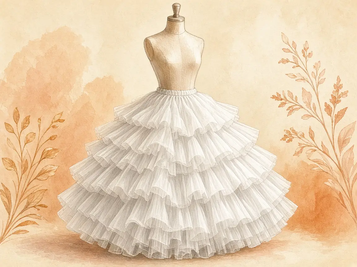 Illustration of a white ruffled petticoat on a dress form