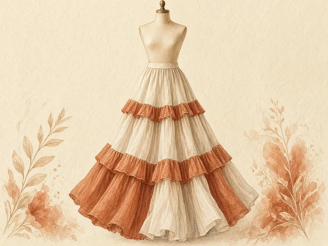 Illustration of a cream boho maxi skirt with rust ruffled tiers on a dress form