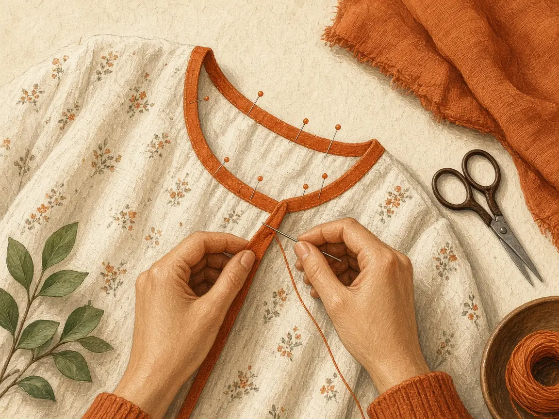 Illustration of hands hand-stitching rust bias binding around a cream blouse neckline