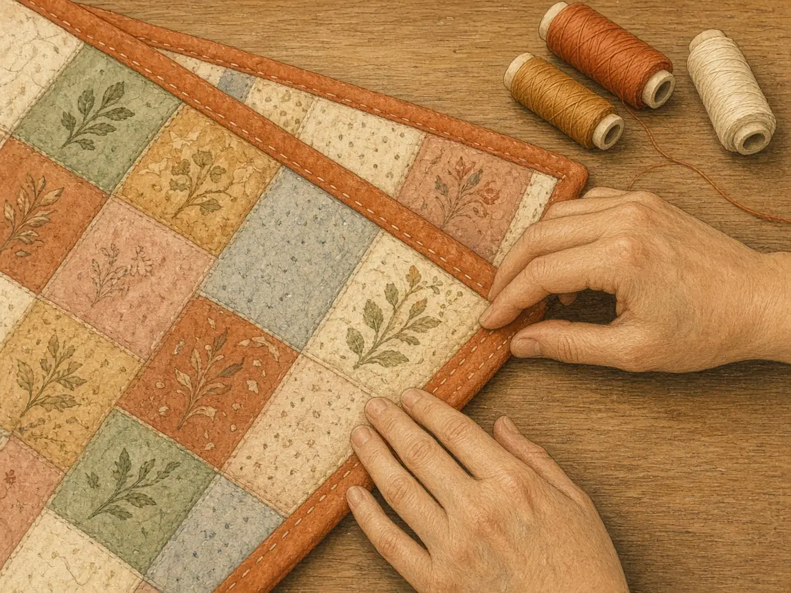 Illustration of hands folding rust binding over the edge of a patchwork quilt