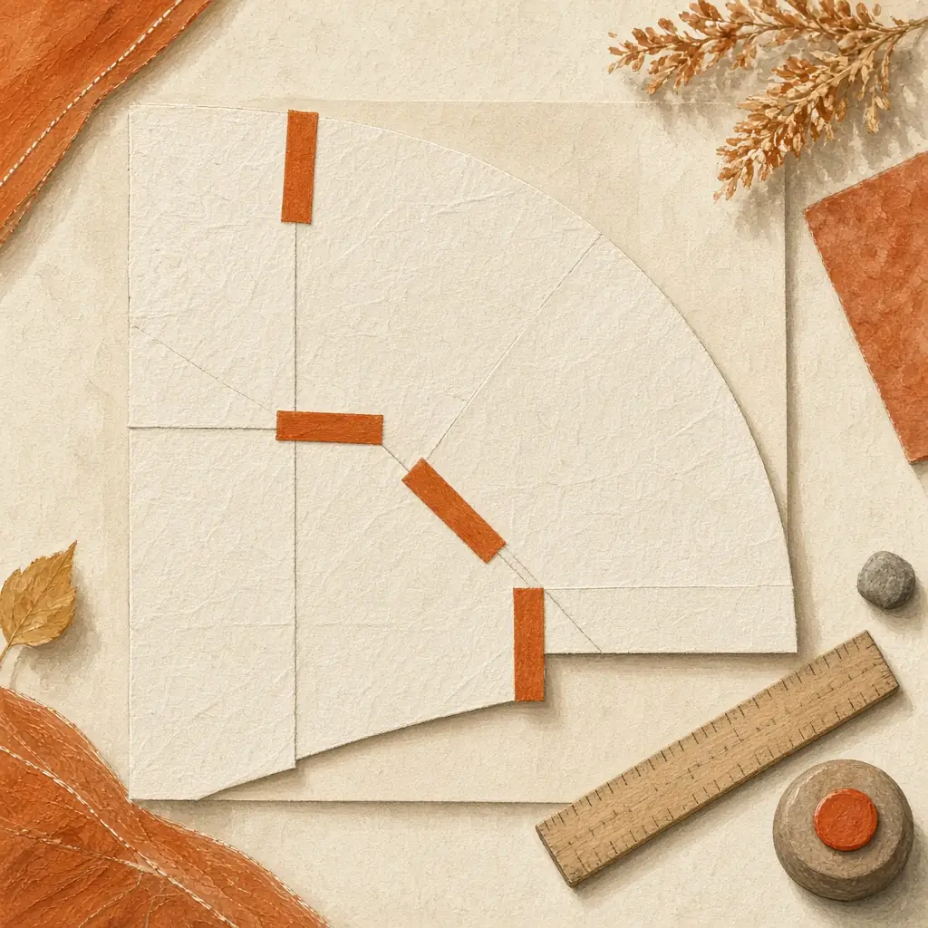 Illustration of a printed quarter-circle pattern taped together on a table with a ruler and fabric