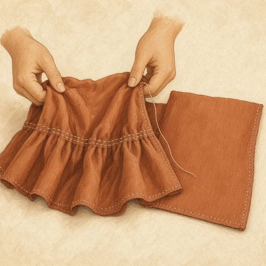 Illustration of hands pulling gathering threads on a rust tier next to a flat strip