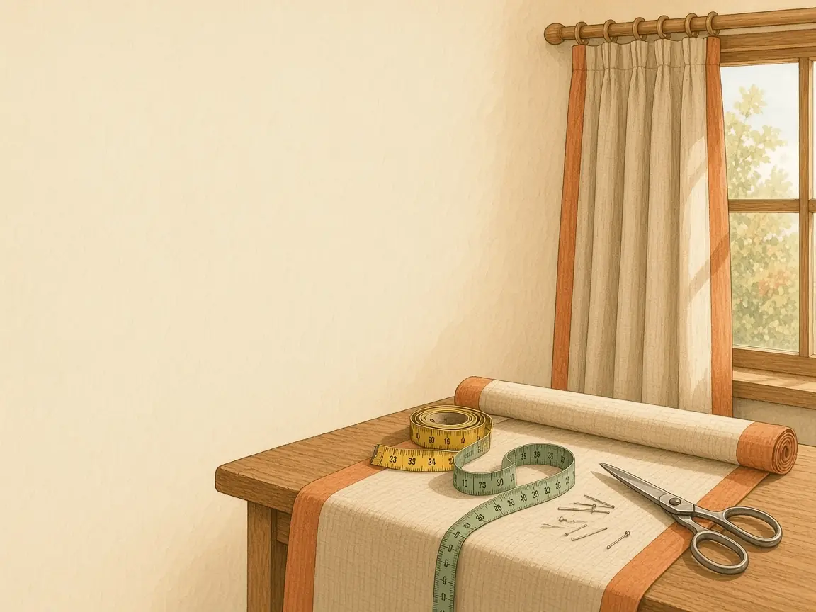 Gouache illustration of curtain fabric unrolled on a table beside a curtained window