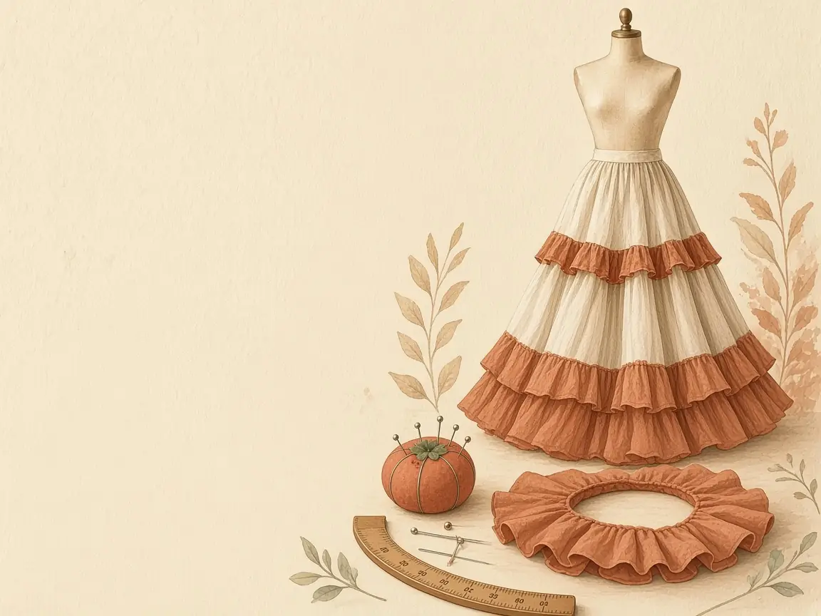 Gouache illustration of a dress form with rust-coloured flounces and a cut flounce ring beside it