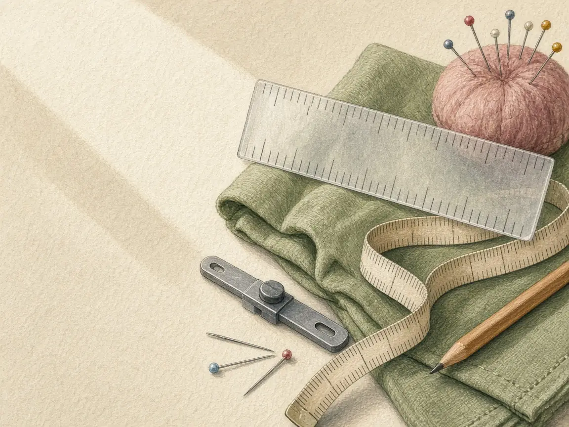 Gouache-Illustration eines transparenten Lineals, eines Maßbands und eines Nahtmessers auf gefalteter grüner Baumwolle