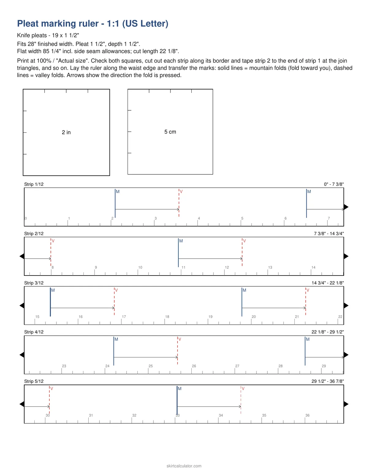 Page 1 of the printable pleat ruler PDF: test squares and numbered ruler strips with mountain and valley fold marks for 19 knife pleats